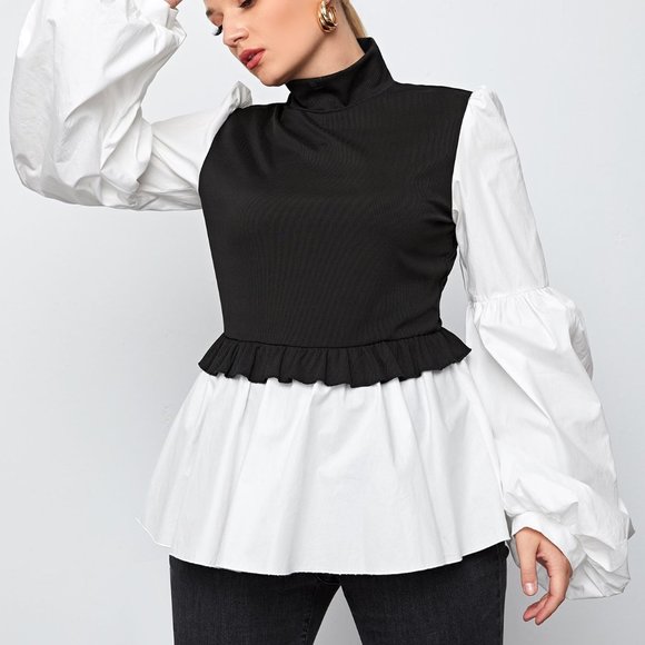 Mock Neck Lantern long Sleeve Two Tone Peplum Top - Picture 6 of 7